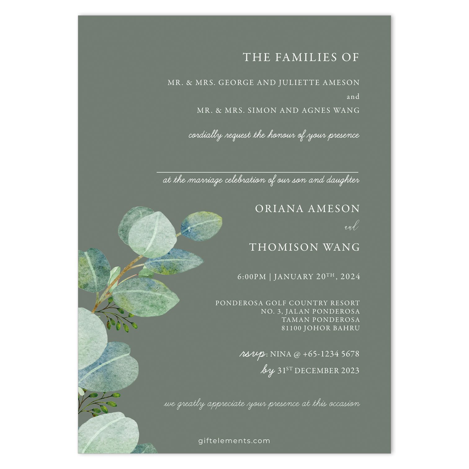 EUC-BLI-INV-1 Eucalyptus Bliss Invitation Card