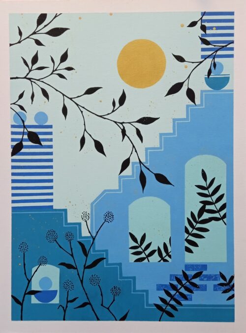 BOH-BST-FIN-1 Boho Abstract Blue Stairs Fine Art