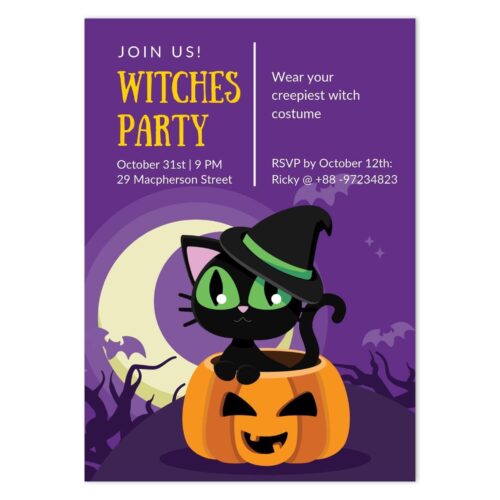 CAT-HAL-INV-1 Witch Cat Halloween Invitation