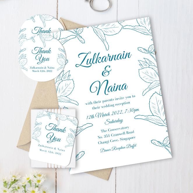 LEA-CRO-INV-1_Leaf Crown Wedding Invitation Card, Favor Gift Tag, Favor Sticker Label