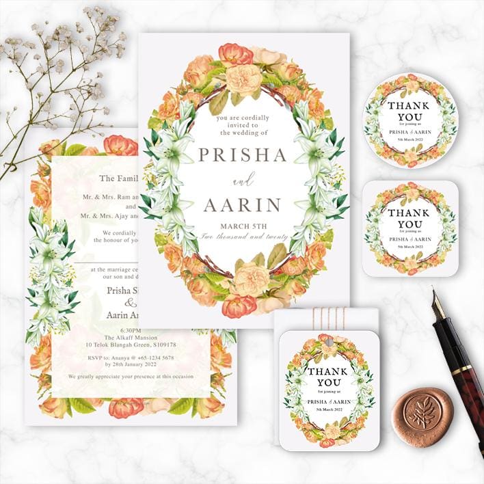 PEA-WRE Peach Wreath Invitation Card, Gift Tag, Stickers