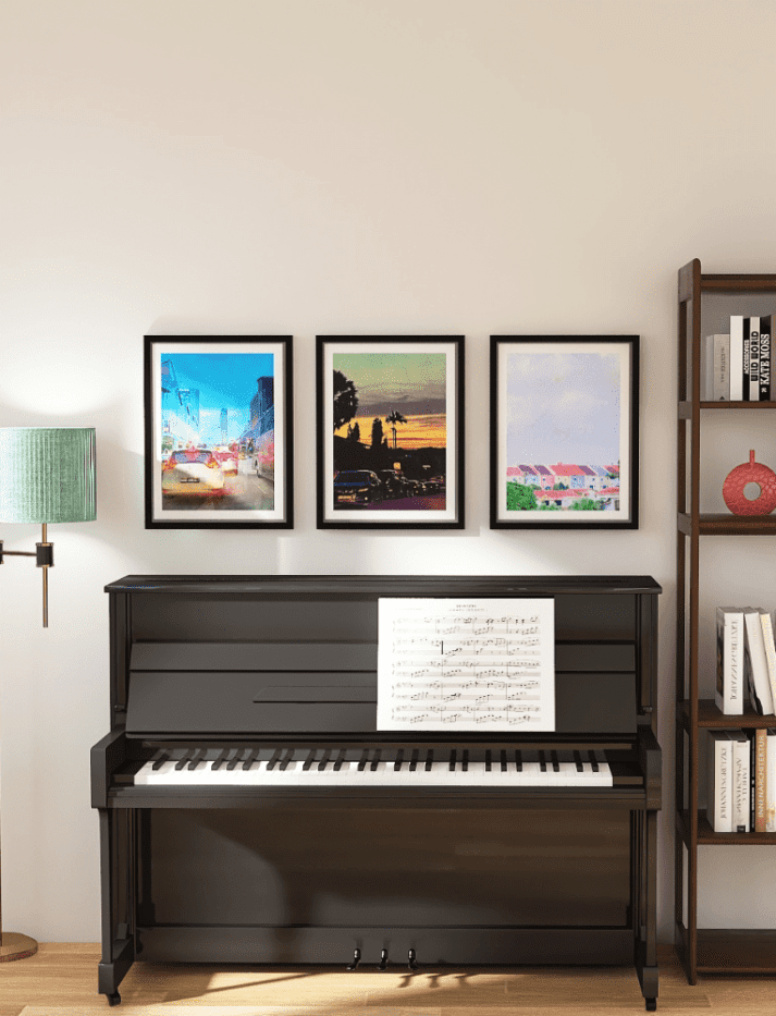 Framed wall art for decor above the piano