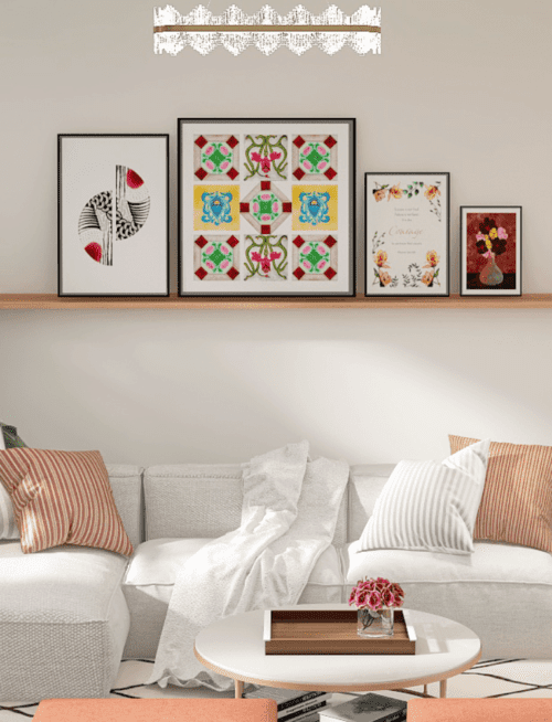 Framed art on floating shelf perfect as living room decor