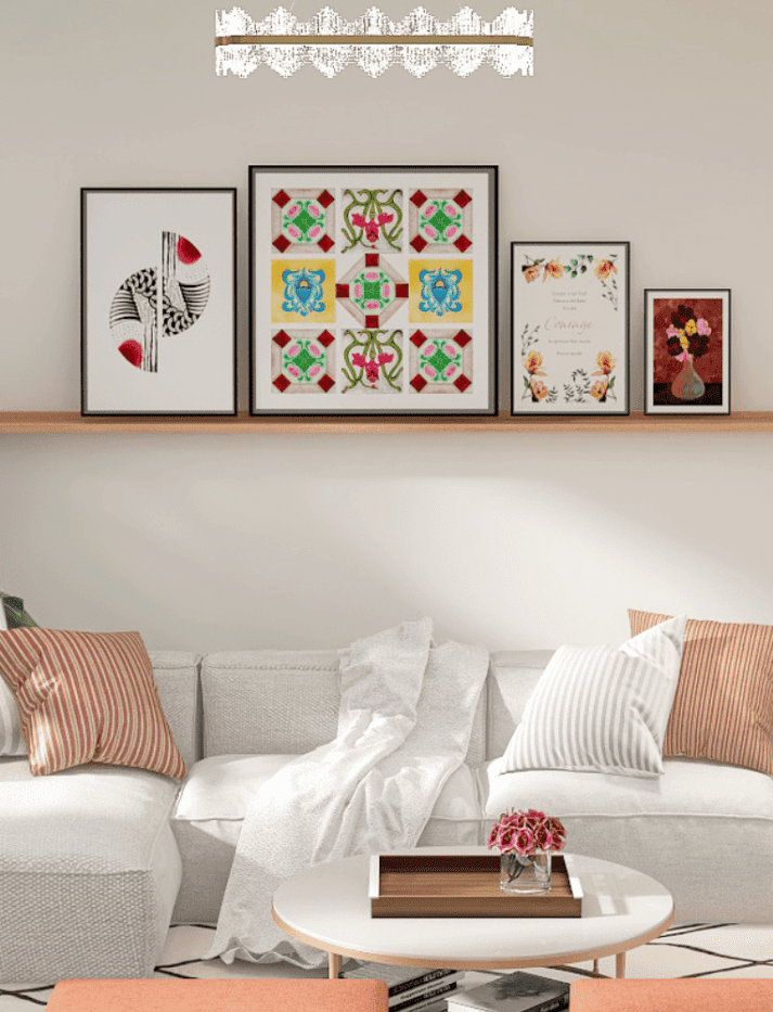 Framed art on floating shelf perfect as living room decor