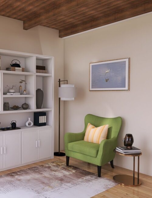 Green chair in a minimalist living room with Egret Wall Art