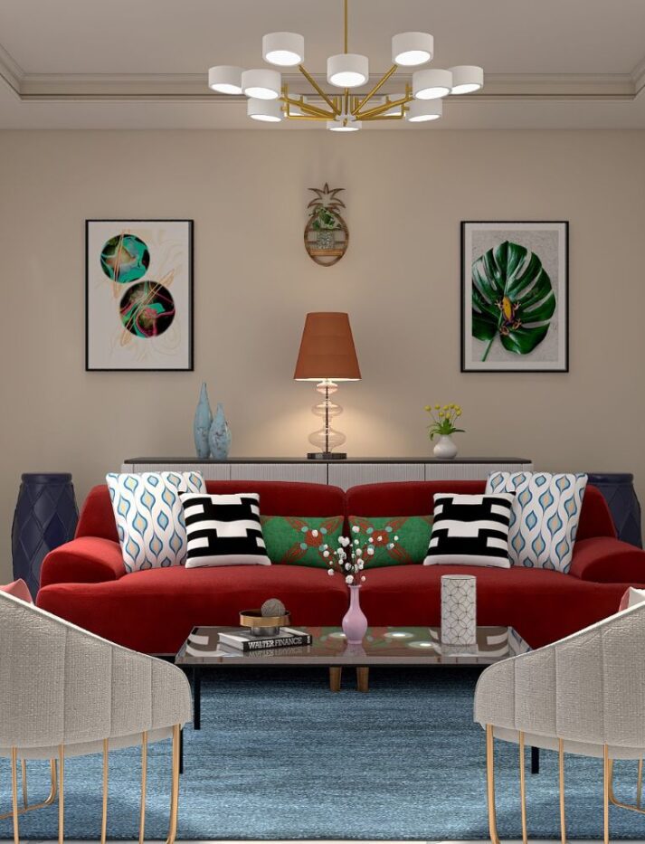 Bubble tea wall art in colourful living room with red sofa