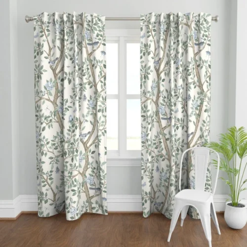 Custom Silver Spruce_ Tan and Soft Blue Elsie's Garden Curtain Panel bydanika_herrick