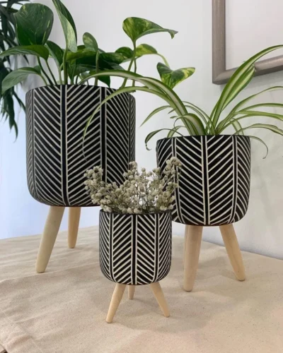 Herring Bone Cement Tripod Planter Pots on Wood Stands